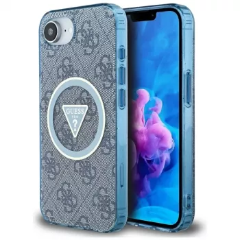 Guess IML Metal Glitter 4G Circle Triangle MagSafe-hoesje voor iPhone 16e (blauw)