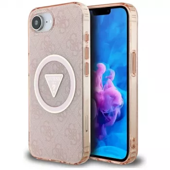 Guess IML Metal Glitter 4G Circle Triangle MagSafe-hoesje voor Apple iPhone 16e (roze)