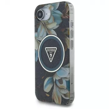 Guess IML Metal Glitter Flowers Triangle MagSafe Case voor Apple iPhone 16e (zwart)