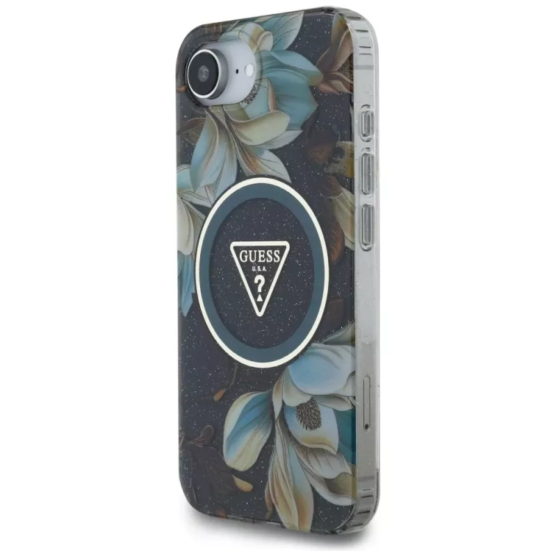 Guess IML Metal Glitter Flowers Triangle MagSafe Case voor Apple iPhone 16e (zwart)