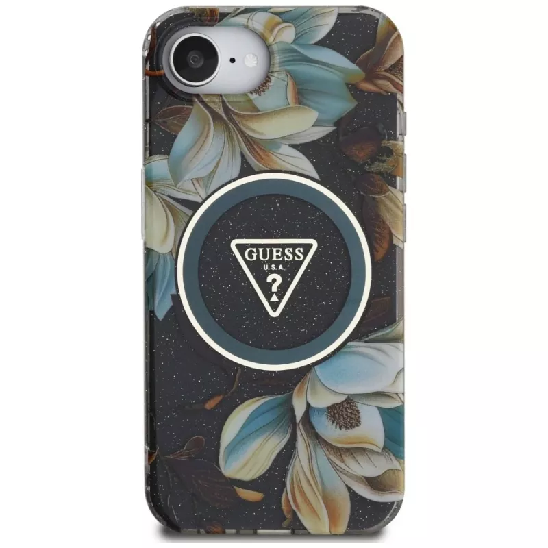 Guess IML Metal Glitter Flowers Triangle MagSafe Case voor Apple iPhone 16e (zwart)