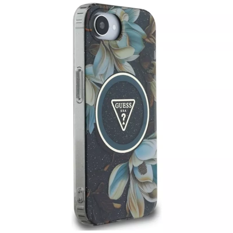 Guess IML Metal Glitter Flowers Triangle MagSafe Case voor Apple iPhone 16e (zwart)