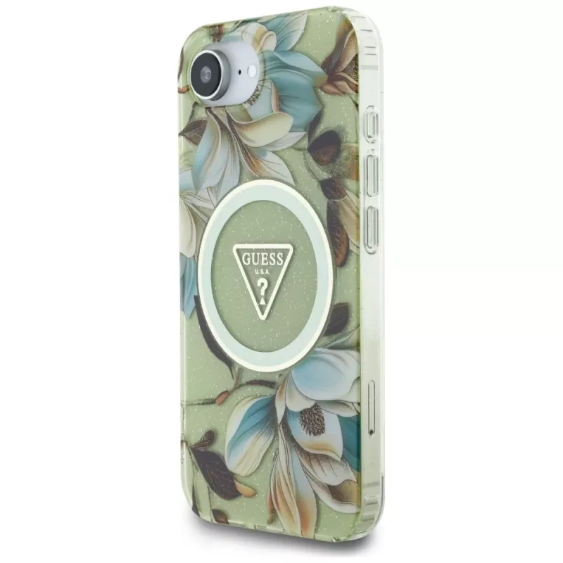 Guess IML Metal Glitter Flowers Triangle MagSafe Back Cover voor Apple iPhone 16e, groen