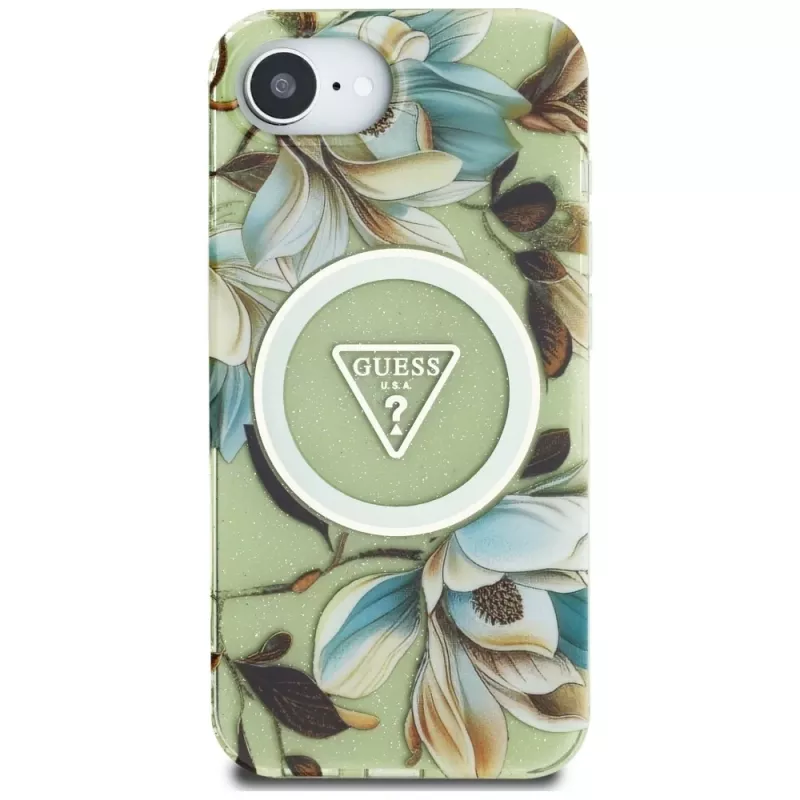 Guess IML Metal Glitter Flowers Triangle MagSafe Back Cover voor Apple iPhone 16e, groen