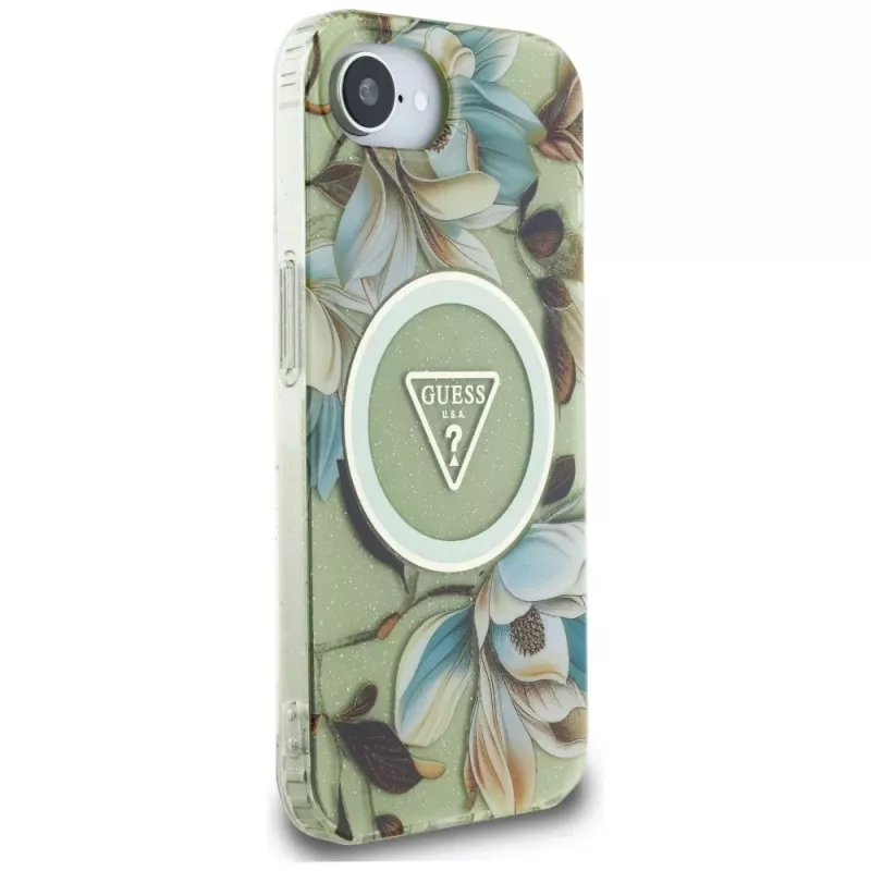 Guess IML Metal Glitter Flowers Triangle MagSafe Back Cover voor Apple iPhone 16e, groen