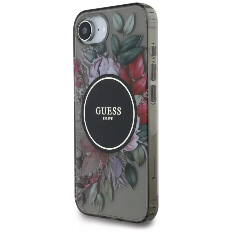 Guess IML Flowers MagSafe Case voor iPhone 16e (zwart)