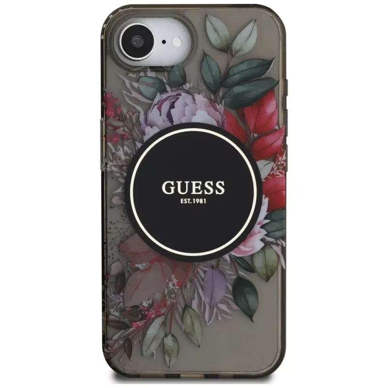 Guess IML Flowers MagSafe Case voor iPhone 16e (zwart)