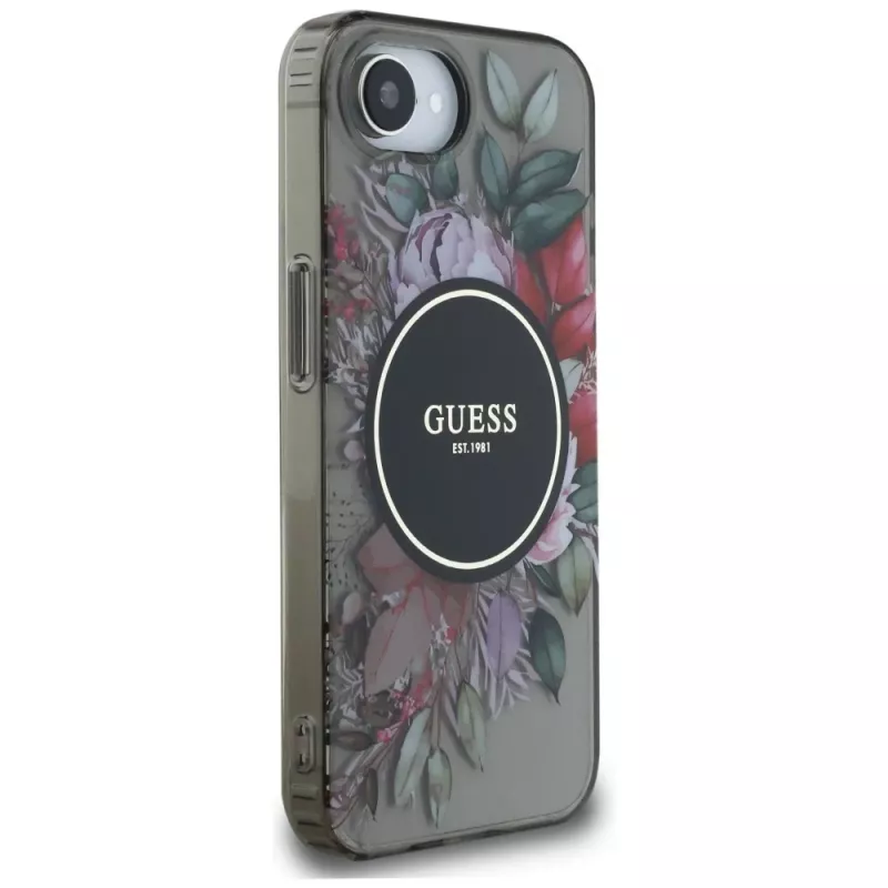 Guess IML Flowers MagSafe Case voor iPhone 16e (zwart)