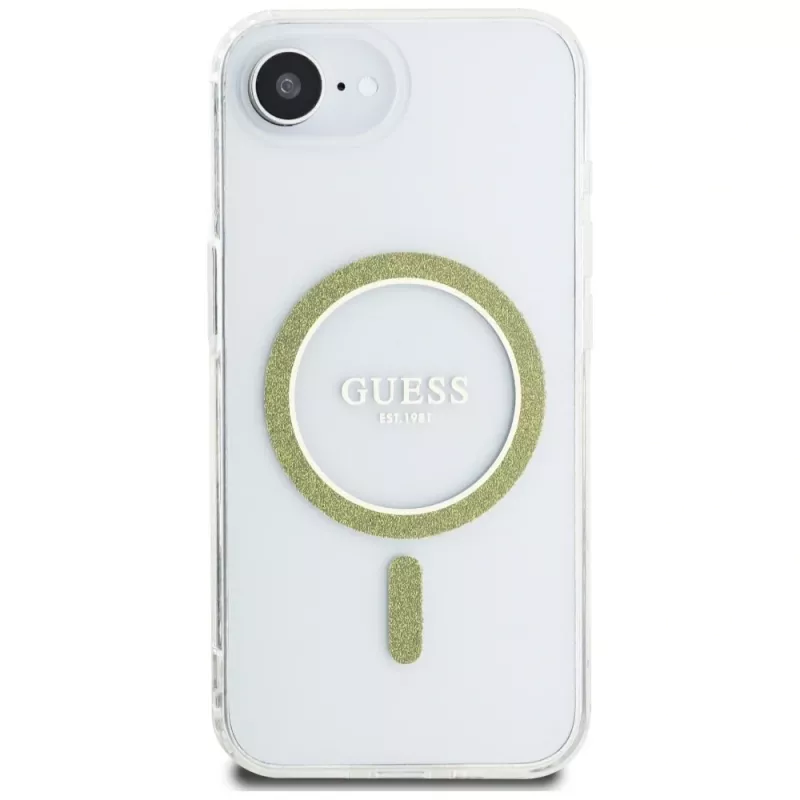 Guess IML Glitter Circle MagSafe Case voor iPhone 16e (transparant)