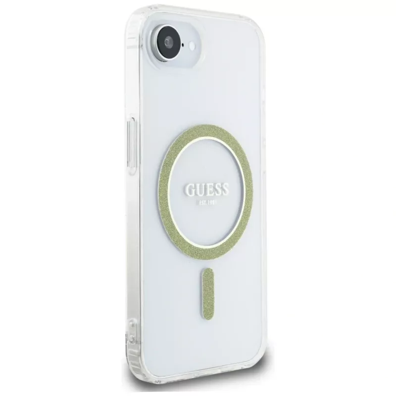 Guess IML Glitter Circle MagSafe Case voor iPhone 16e (transparant)