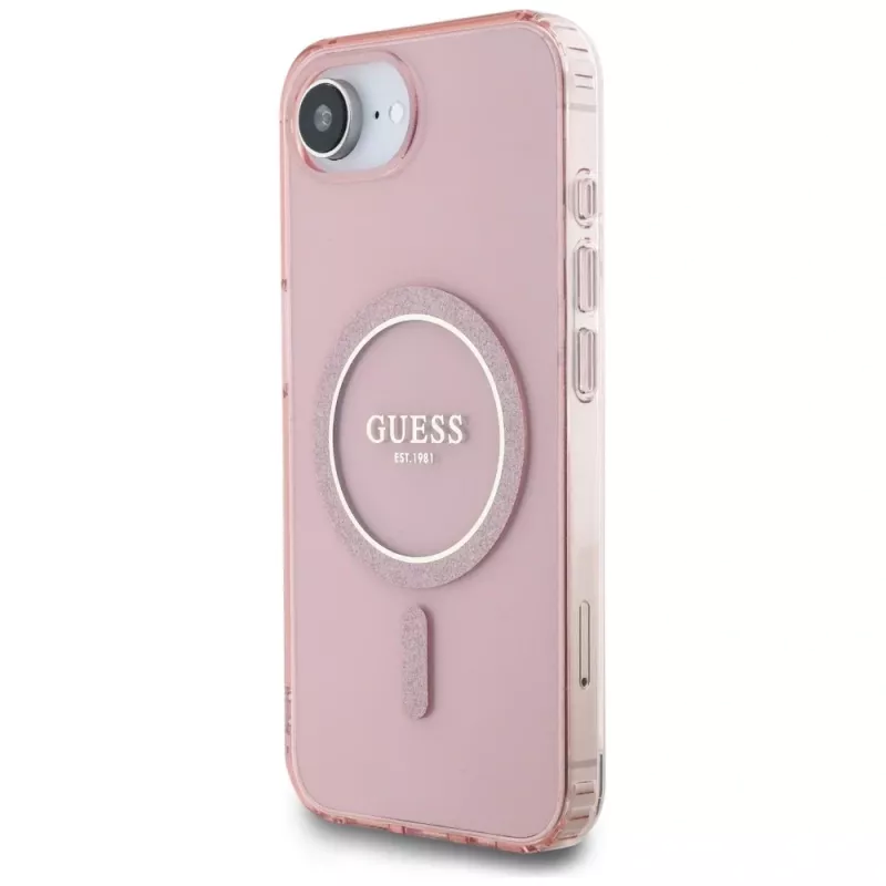 Guess IML Glitter Circle MagSafe Case voor iPhone 16e (roze)