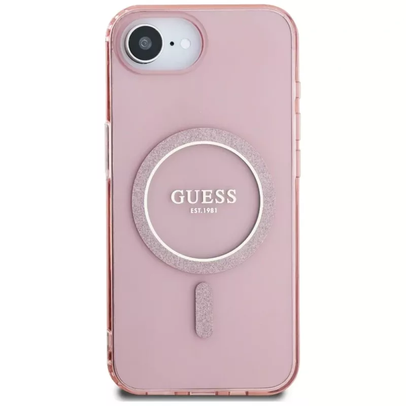 Guess IML Glitter Circle MagSafe Case voor iPhone 16e (roze)