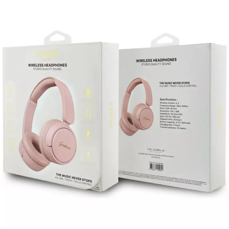 Guess Metal Logo Script draadloze Bluetooth 5.3 on-ear hoofdtelefoon (roze)