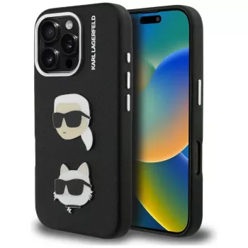 KARL LAGERFELD FW Grained Karl & Choupette Heads Pins Case voor iPhone 16 Pro, zwart