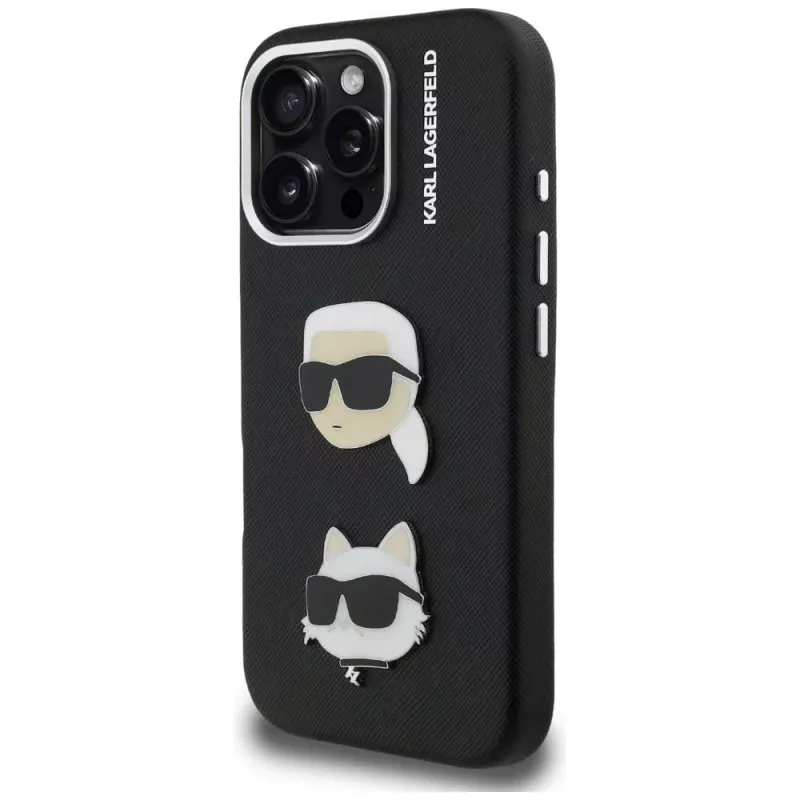 KARL LAGERFELD FW Grained Karl & Choupette Heads Pins Case voor iPhone 16 Pro, zwart