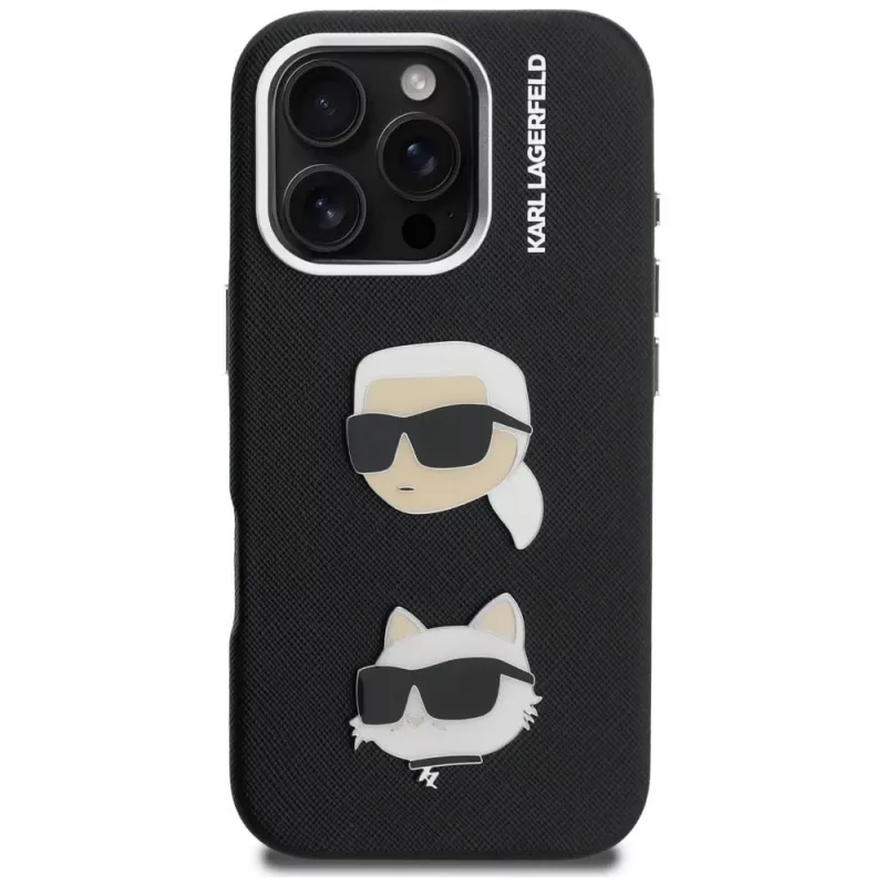 KARL LAGERFELD FW Grained Karl & Choupette Heads Pins Case voor iPhone 16 Pro, zwart
