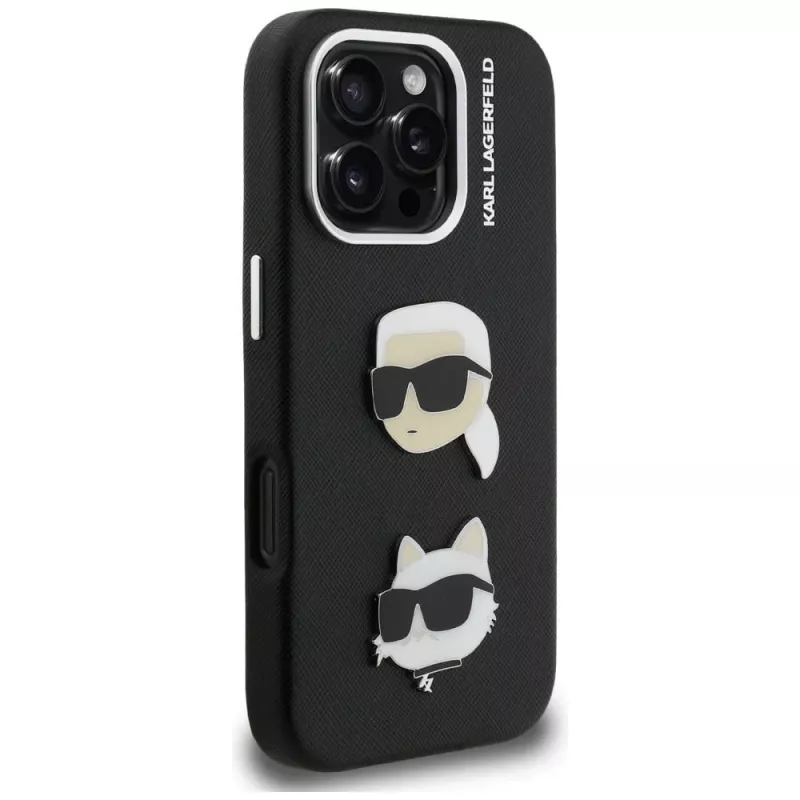 KARL LAGERFELD FW Grained Karl & Choupette Heads Pins Case voor iPhone 16 Pro, zwart