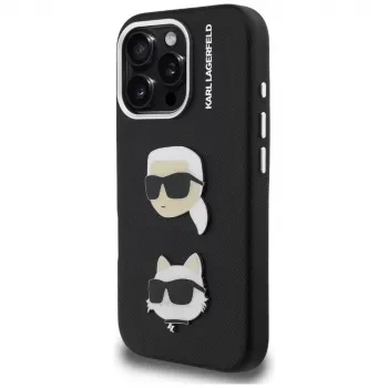 KARL LAGERFELD FW Grained Karl & Choupette Heads Pins Case voor iPhone 16 Pro Max, zwart