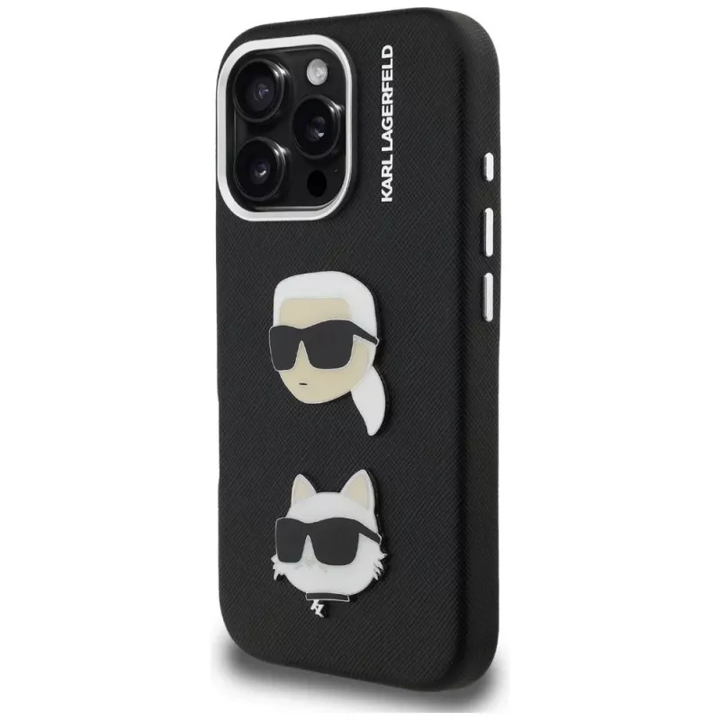 KARL LAGERFELD FW Grained Karl & Choupette Heads Pins Case voor iPhone 16 Pro Max, zwart