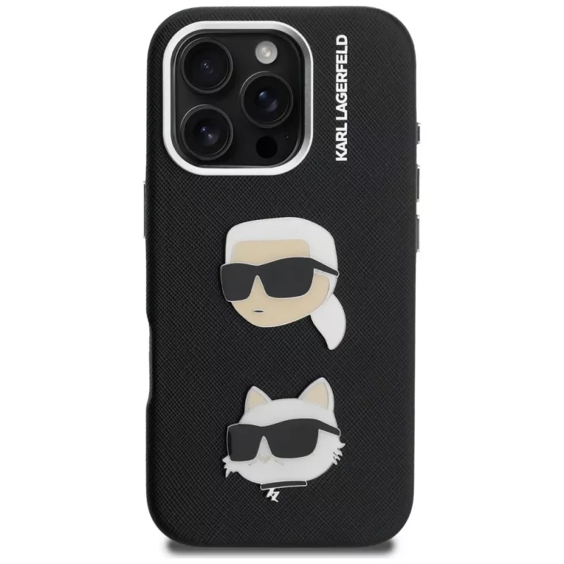 KARL LAGERFELD FW Grained Karl & Choupette Heads Pins Case voor iPhone 16 Pro Max, zwart