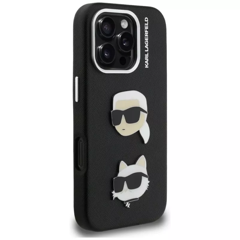 KARL LAGERFELD FW Grained Karl & Choupette Heads Pins Case voor iPhone 16 Pro Max, zwart