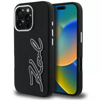 Karl Lagerfeld FW Grained Signature Logo Case voor iPhone 16 Pro, zwart