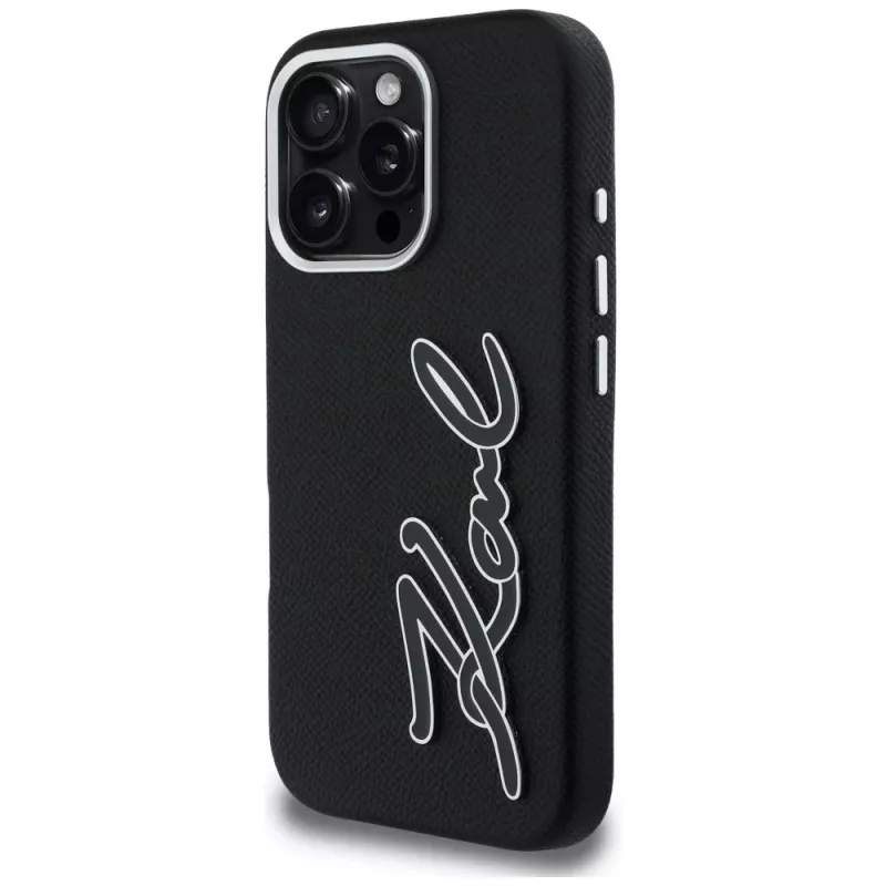 Karl Lagerfeld FW Grained Signature Logo Case voor iPhone 16 Pro, zwart