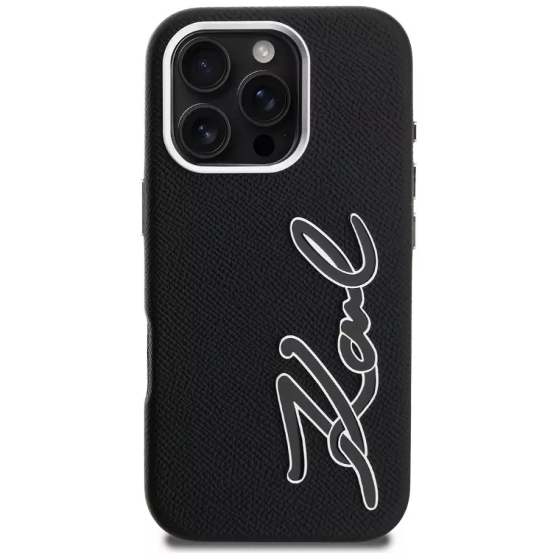 Karl Lagerfeld FW Grained Signature Logo Case voor iPhone 16 Pro, zwart