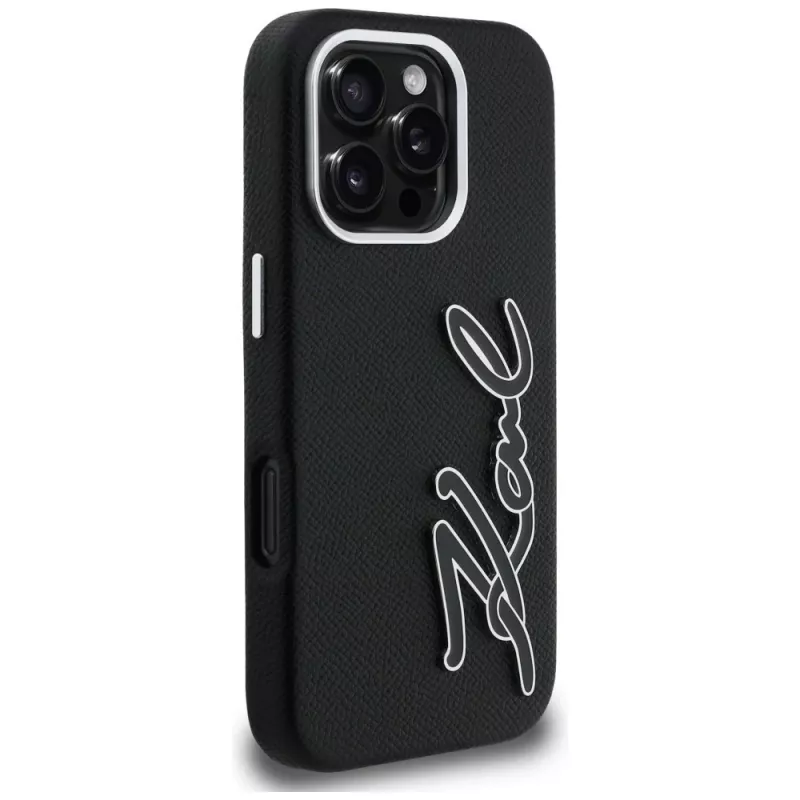 Karl Lagerfeld FW Grained Signature Logo Case voor iPhone 16 Pro, zwart