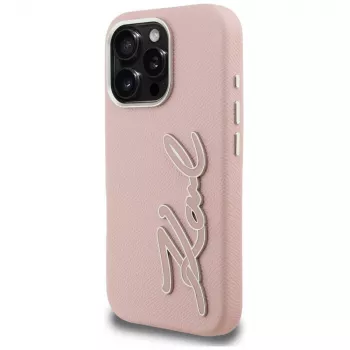 KARL LAGERFELD FW Grained Signature Logo Hard Case voor iPhone 16 Pro, roze