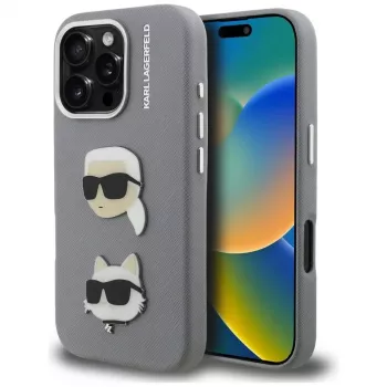 Karl Lagerfeld FW Grained Karl & Choupette Heads Pins Case voor iPhone 16 Pro grijs