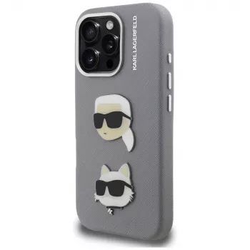 Karl Lagerfeld FW Grained Karl & Choupette Heads Pins Case voor iPhone 16 Pro grijs