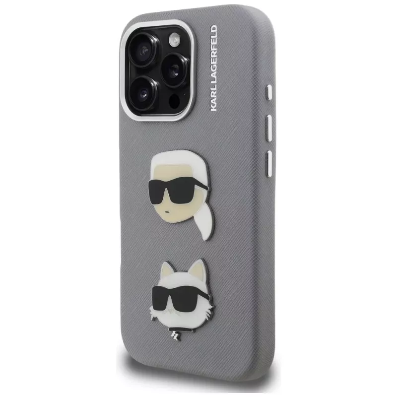 Karl Lagerfeld FW Grained Karl & Choupette Heads Pins Case voor iPhone 16 Pro grijs
