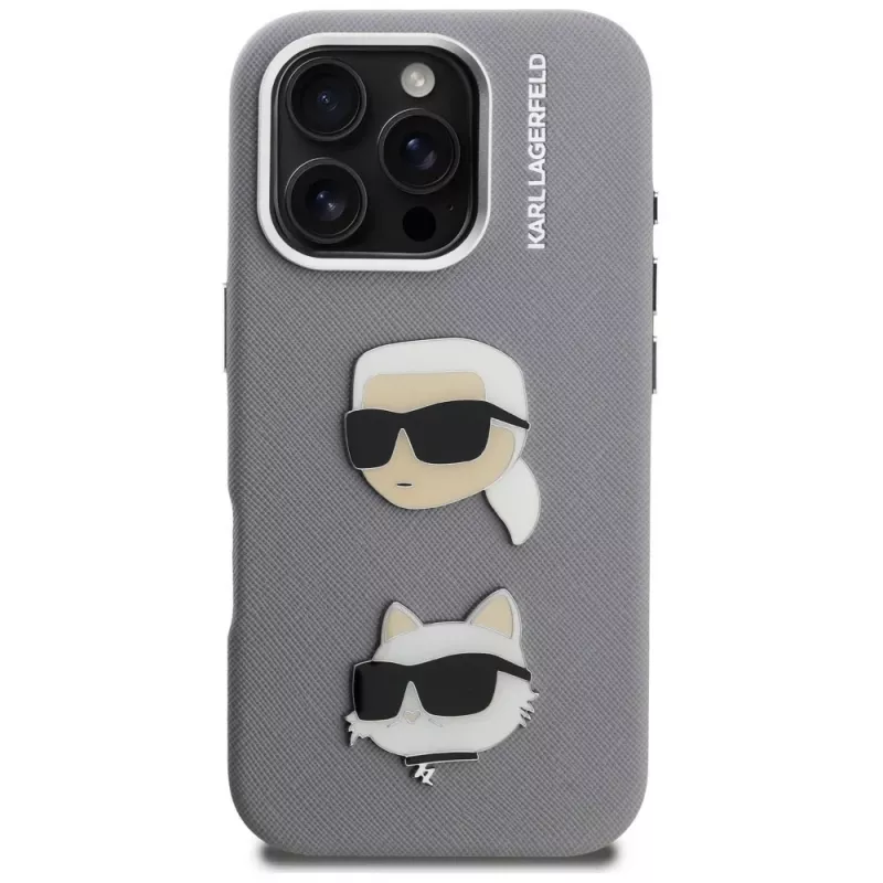 KARL LAGERFELD FW Grained Karl & Choupette Heads Pins Case voor iPhone 16 Pro Max, grijs