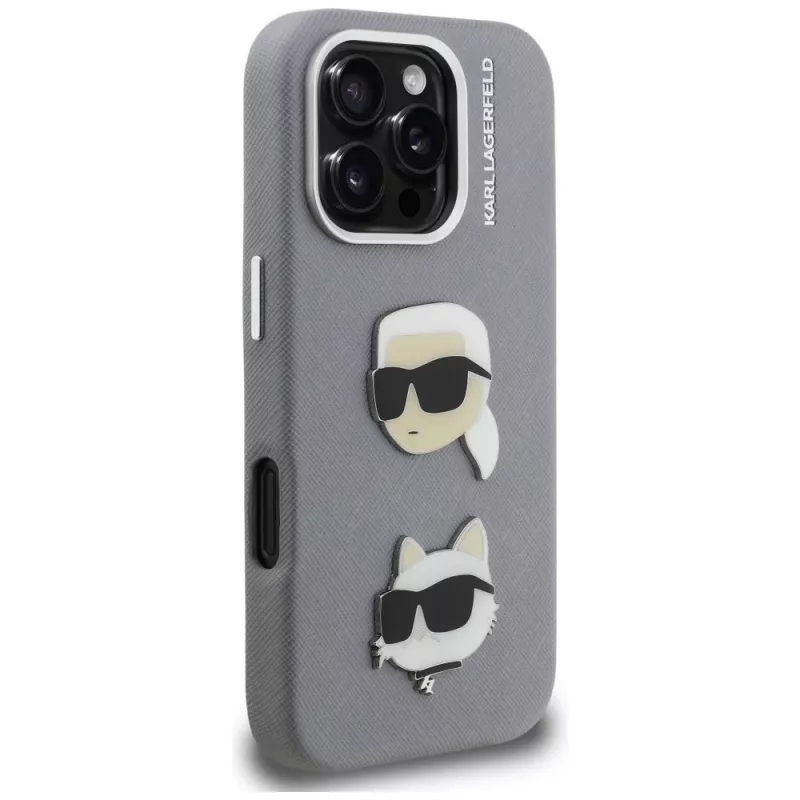 KARL LAGERFELD FW Grained Karl & Choupette Heads Pins Case voor iPhone 16 Pro Max, grijs