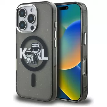 Karl Lagerfeld IML Glitter Karl & Choupette Sketch Logo MagSafe Case voor iPhone 16 Pro zwart