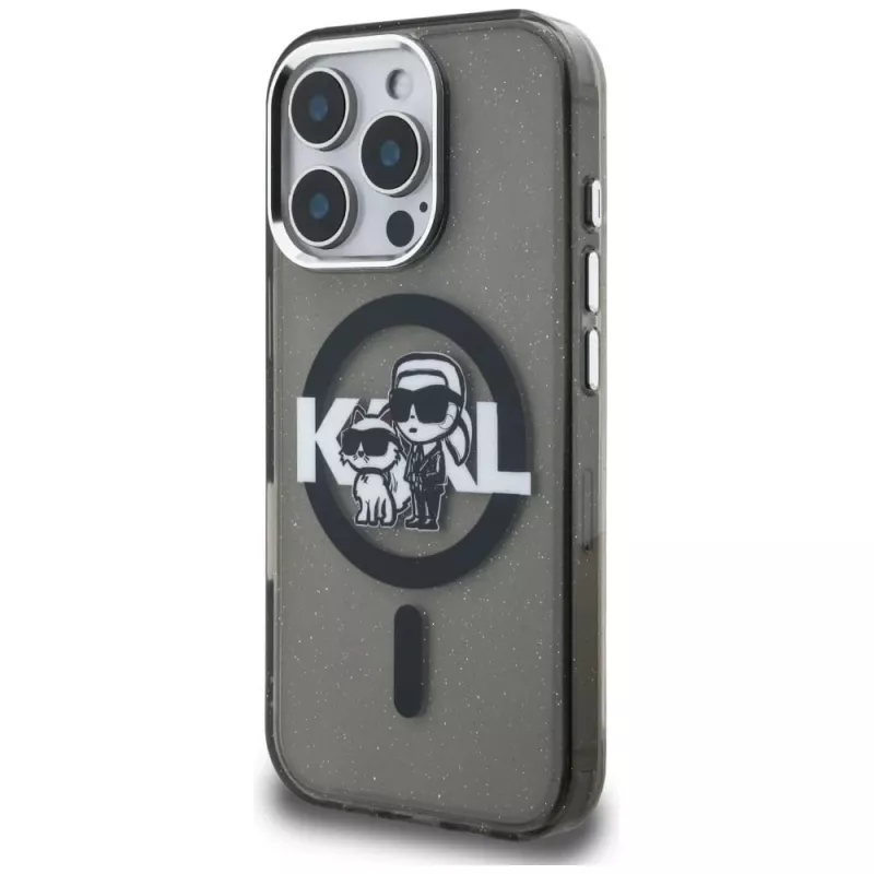 Karl Lagerfeld IML Glitter Karl & Choupette Sketch Logo MagSafe Case voor iPhone 16 Pro zwart