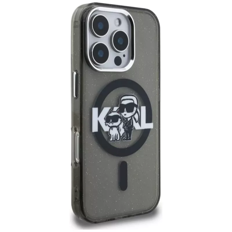 Karl Lagerfeld IML Glitter Karl & Choupette Sketch Logo MagSafe Case voor iPhone 16 Pro zwart