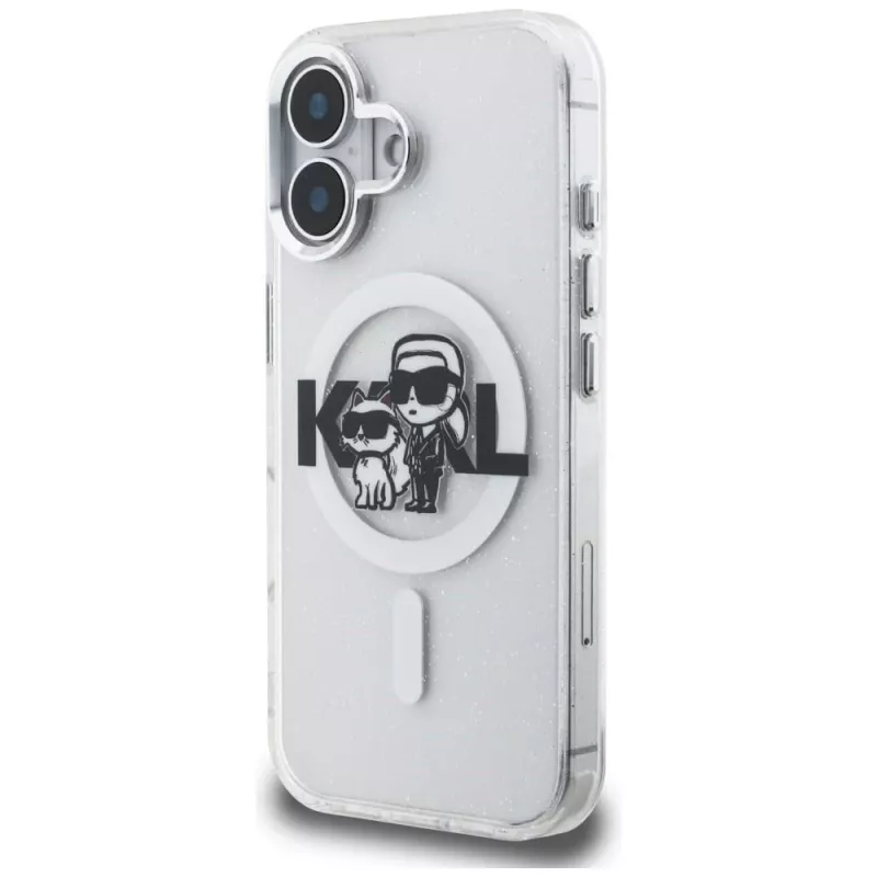 Karl Lagerfeld IML Glitter Karl & Choupette Sketch Logo MagSafe Case voor iPhone 16, transparant
