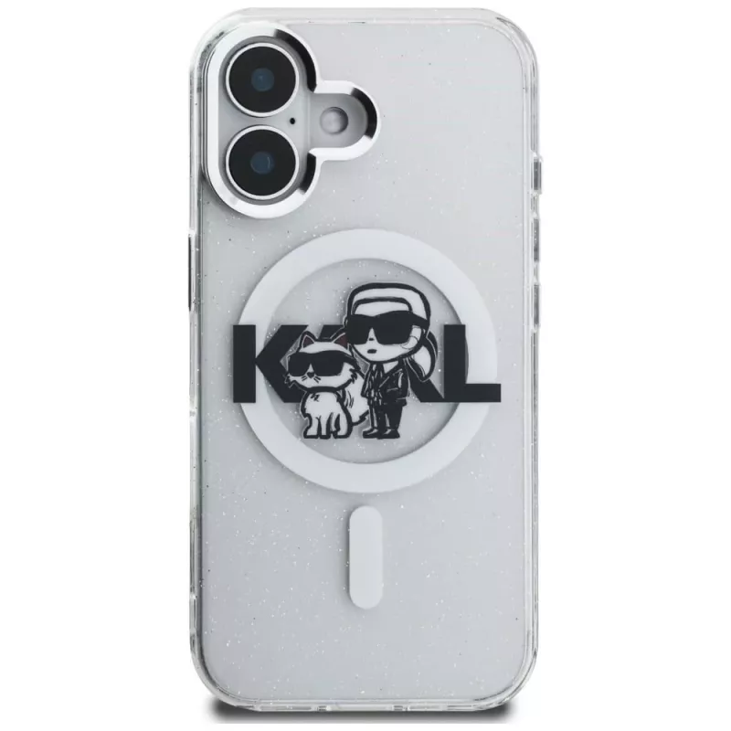 Karl Lagerfeld IML Glitter Karl & Choupette Sketch Logo MagSafe Case voor iPhone 16, transparant