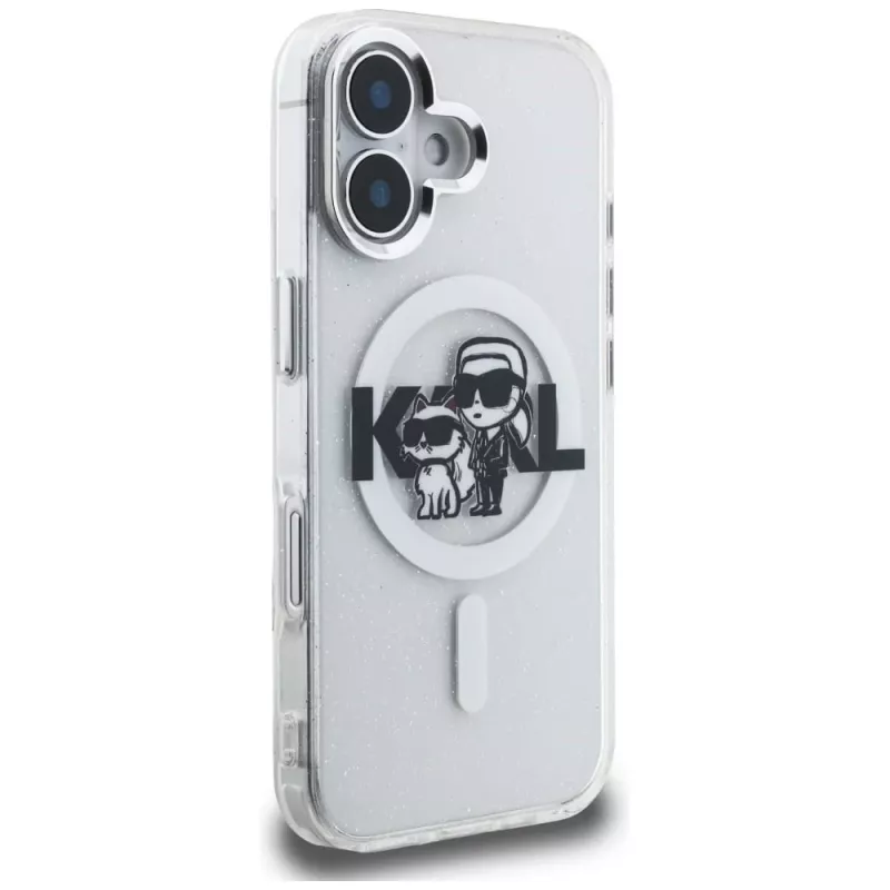 Karl Lagerfeld IML Glitter Karl & Choupette Sketch Logo MagSafe Case voor iPhone 16, transparant