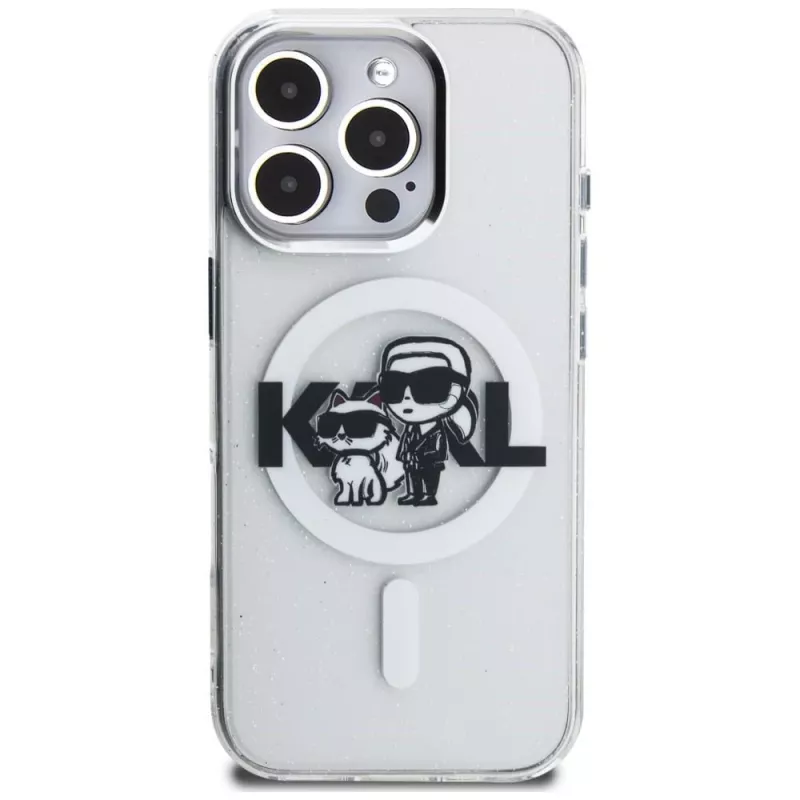 KARL LAGERFELD IML Glitter Karl & Choupette Sketch Logo MagSafe Case voor iPhone 16 Pro, transparant