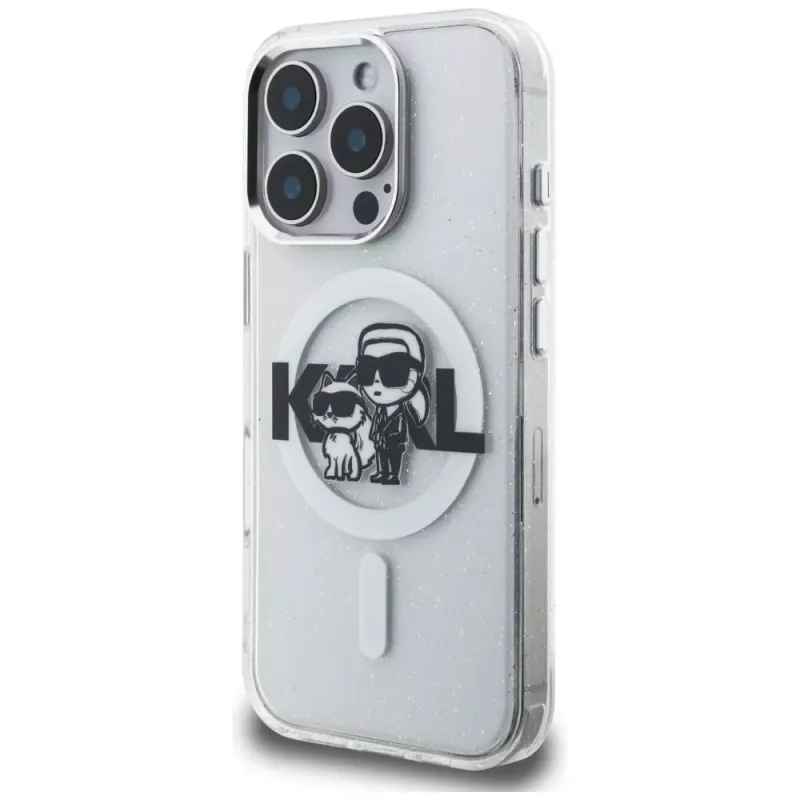 Karl Lagerfeld IML Glitter Karl & Choupette Sketch Logo MagSafe Case voor iPhone 16 Pro Max transparant