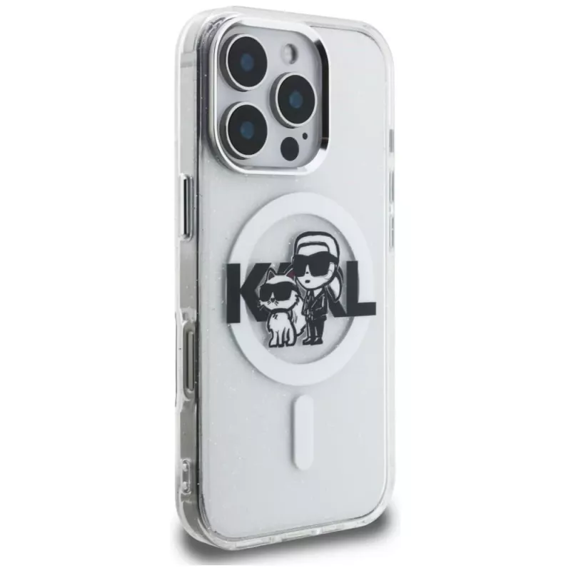 Karl Lagerfeld IML Glitter Karl & Choupette Sketch Logo MagSafe Case voor iPhone 16 Pro Max transparant