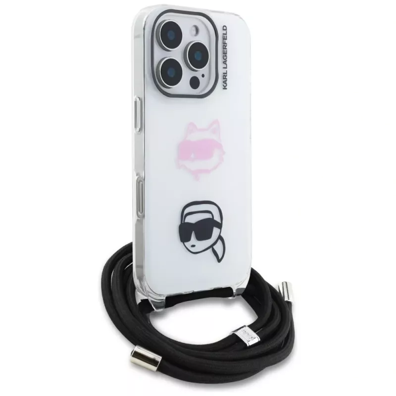 KARL LAGERFELD IML Crossbody Case voor iPhone 16 Pro Max, wit, Karl & Choupette Head Design