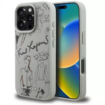 Karl Lagerfeld Grained Pattern & Logo MagSafe Case voor Apple iPhone 16 Pro, grijs