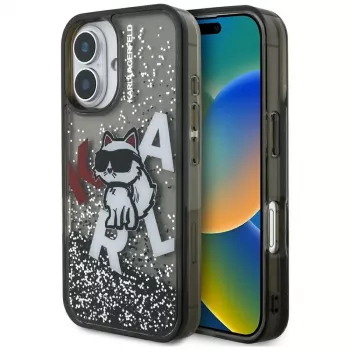 KARL LAGERFELD Liquid Glitter Choupette Logo Case voor iPhone 16, zwart