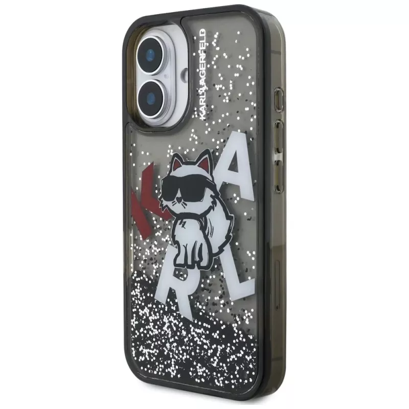 KARL LAGERFELD Liquid Glitter Choupette Logo Case voor iPhone 16, zwart