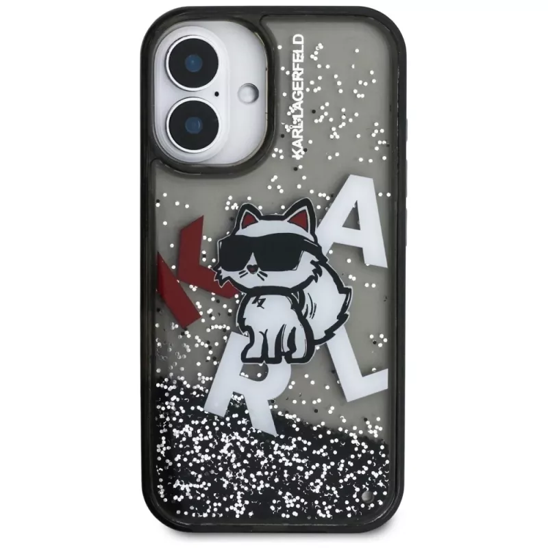 KARL LAGERFELD Liquid Glitter Choupette Logo Case voor iPhone 16, zwart