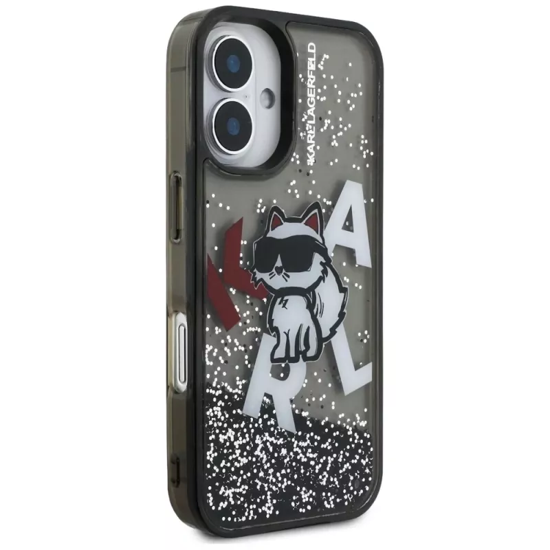 KARL LAGERFELD Liquid Glitter Choupette Logo Case voor iPhone 16, zwart